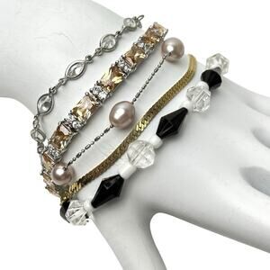 Lot Of 5 Tennis Bracelets Classic Chic Faux Pearls Rhinestone Delicate Boho Chic